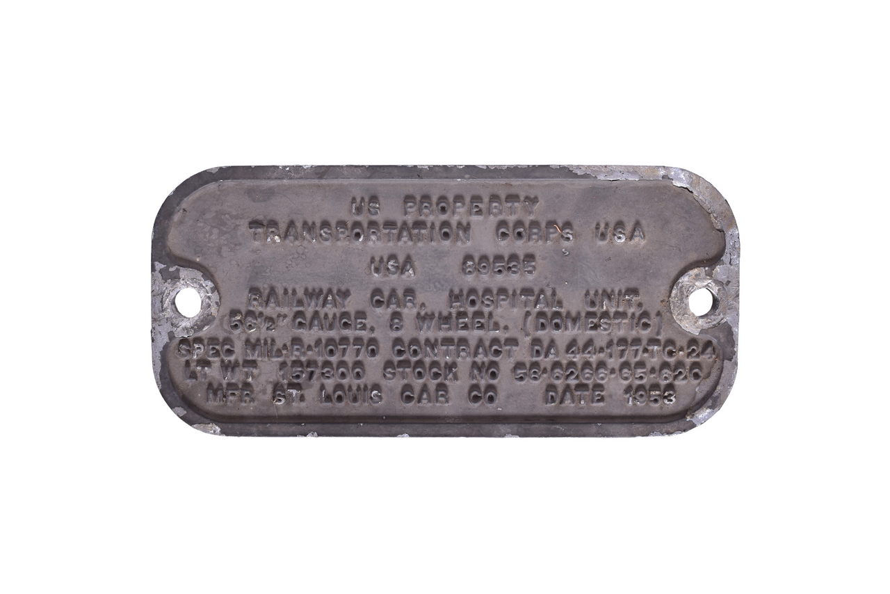 3190 - US Property Transportation Corps. Hospital Unit Railroad Car Cast Aluminum Plate thumbnail