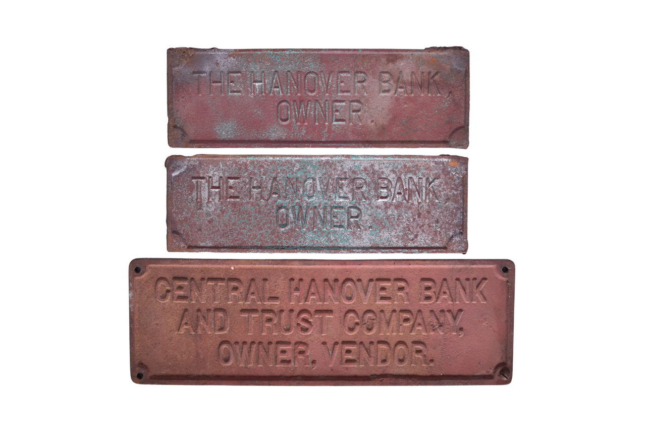 3194 - Three Hanover Bank Cast Iron Railroad Trust Plates thumbnail