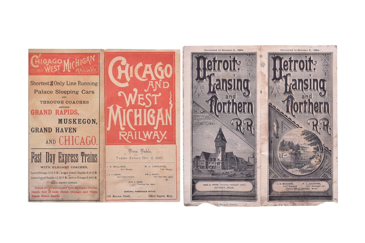 3219 - Pair of Early Railroad Timetables - 1884 Detroit, Lansing & Northern and 1887 Chicago & West Michigan Railway thumbnail