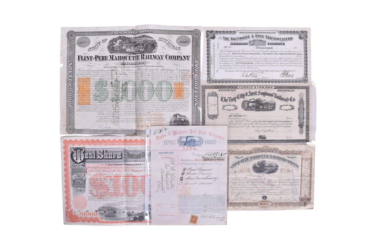 3233 - Six Railroad Stock Certificates, Bonds, and Receipt - Flint & Pere Marquette, Bay City & East Saginaw, West Shore, and More thumbnail