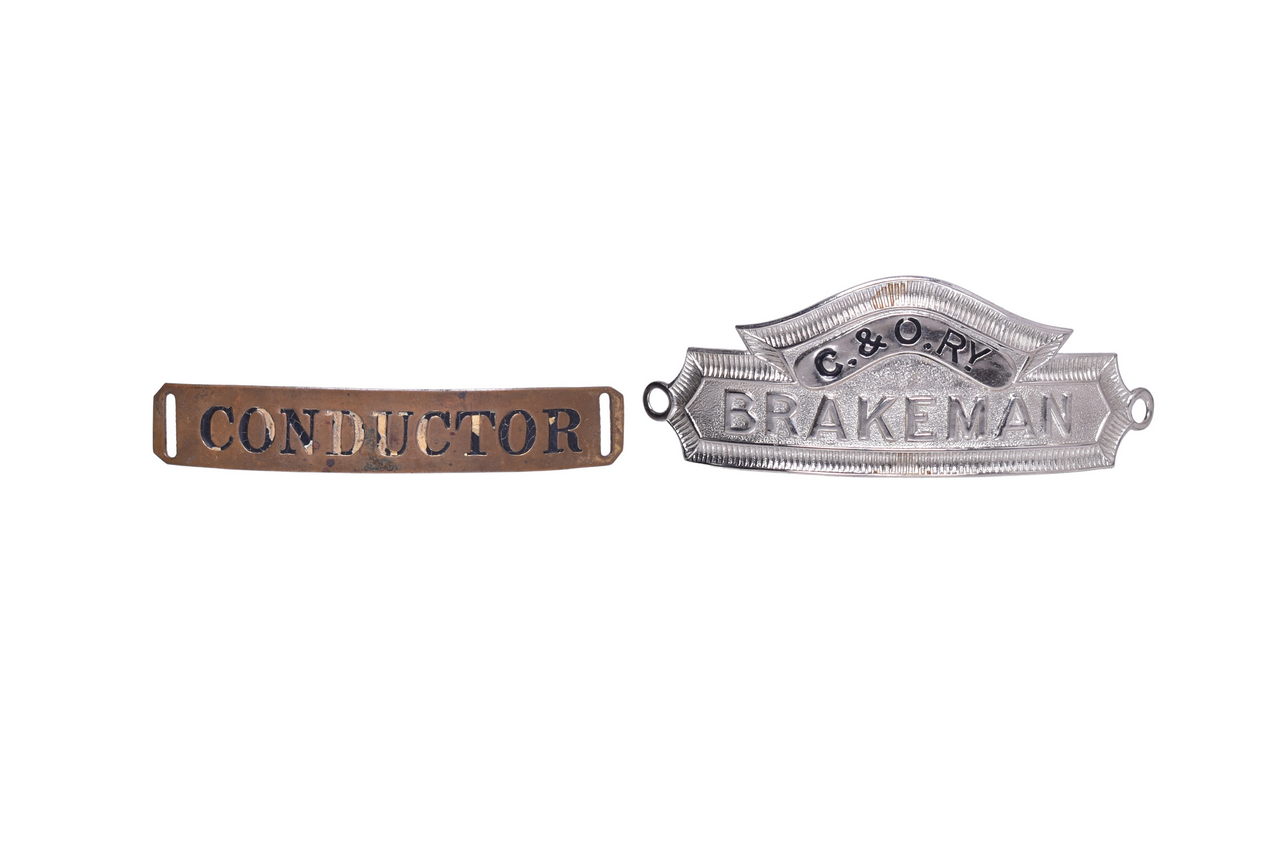 3240 - Chesapeake and Ohio Railway Brakeman Nickel Cap Badge and Brass Conductor's Badge thumbnail