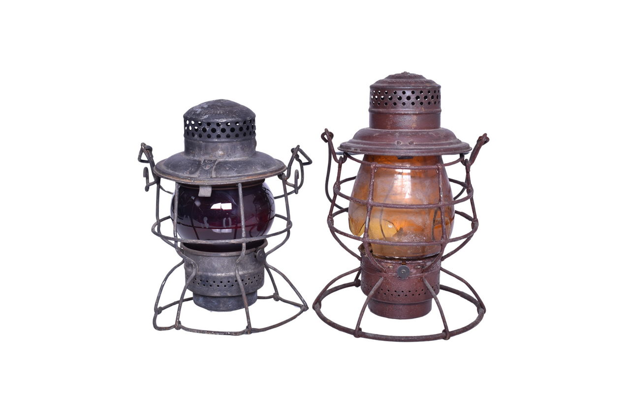 3249 - Pair of Adams & Westlake Pennsylvania Railroad Lanterns w/ Red C&O Etched Short Globe and Vulcan Amber Extended Base Globe thumbnail