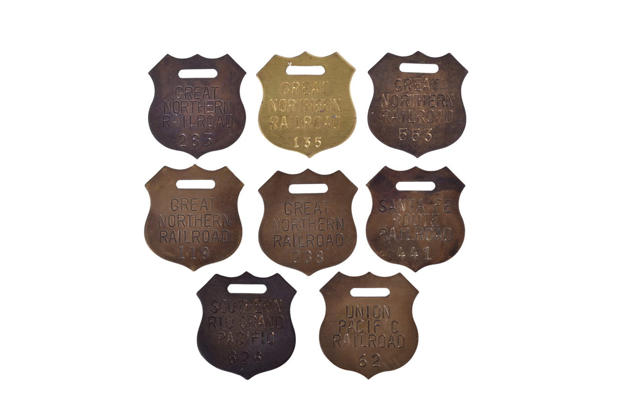 3418 - Eight reproduction Brass Railroad Shield Luggage Tags - Great Northern, Union Pacific, Santa Fe thumbnail