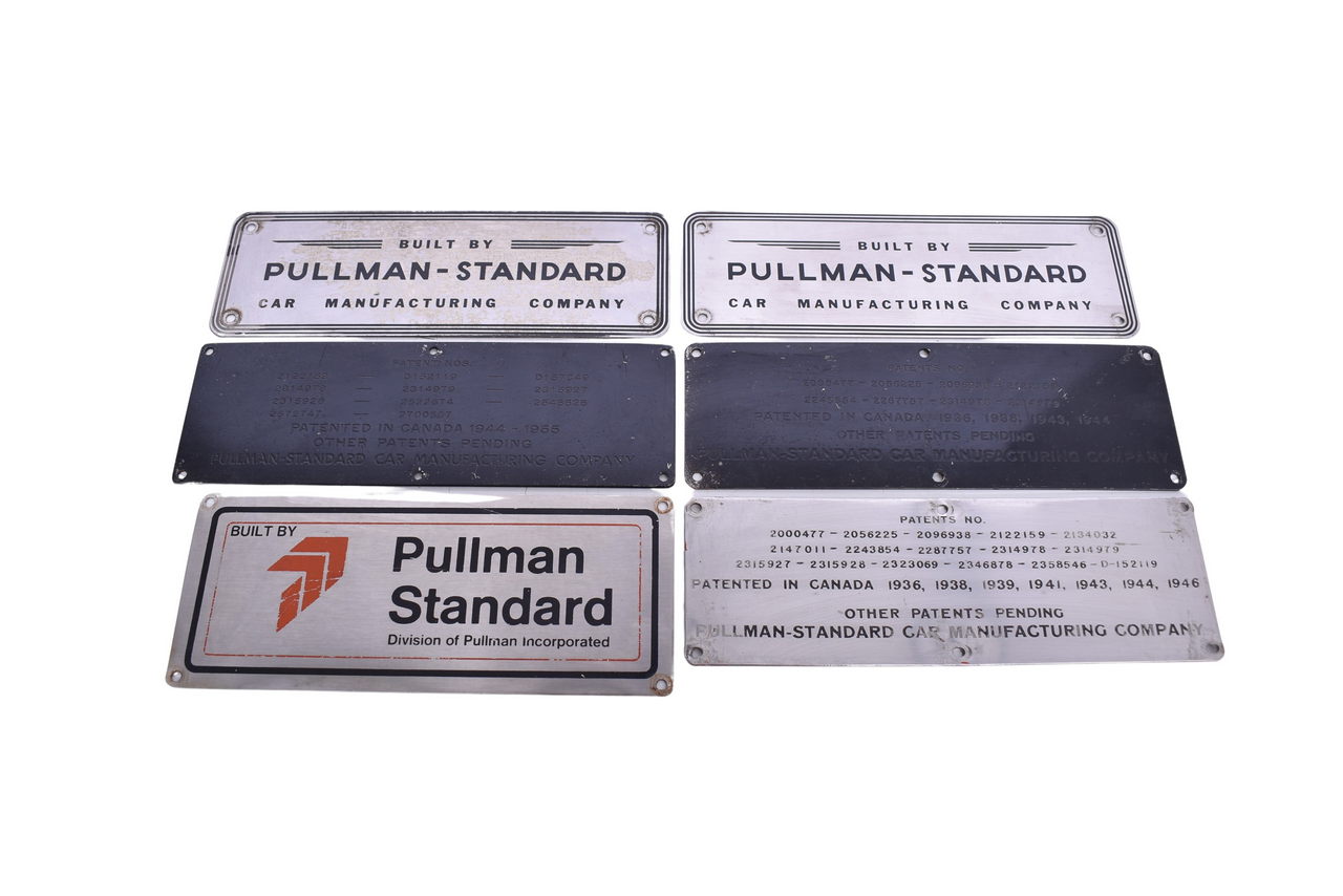 3425 - Six Stainless Steel Pullman Standard Railroad Passenger Car Builders Plates and Patent Plates thumbnail