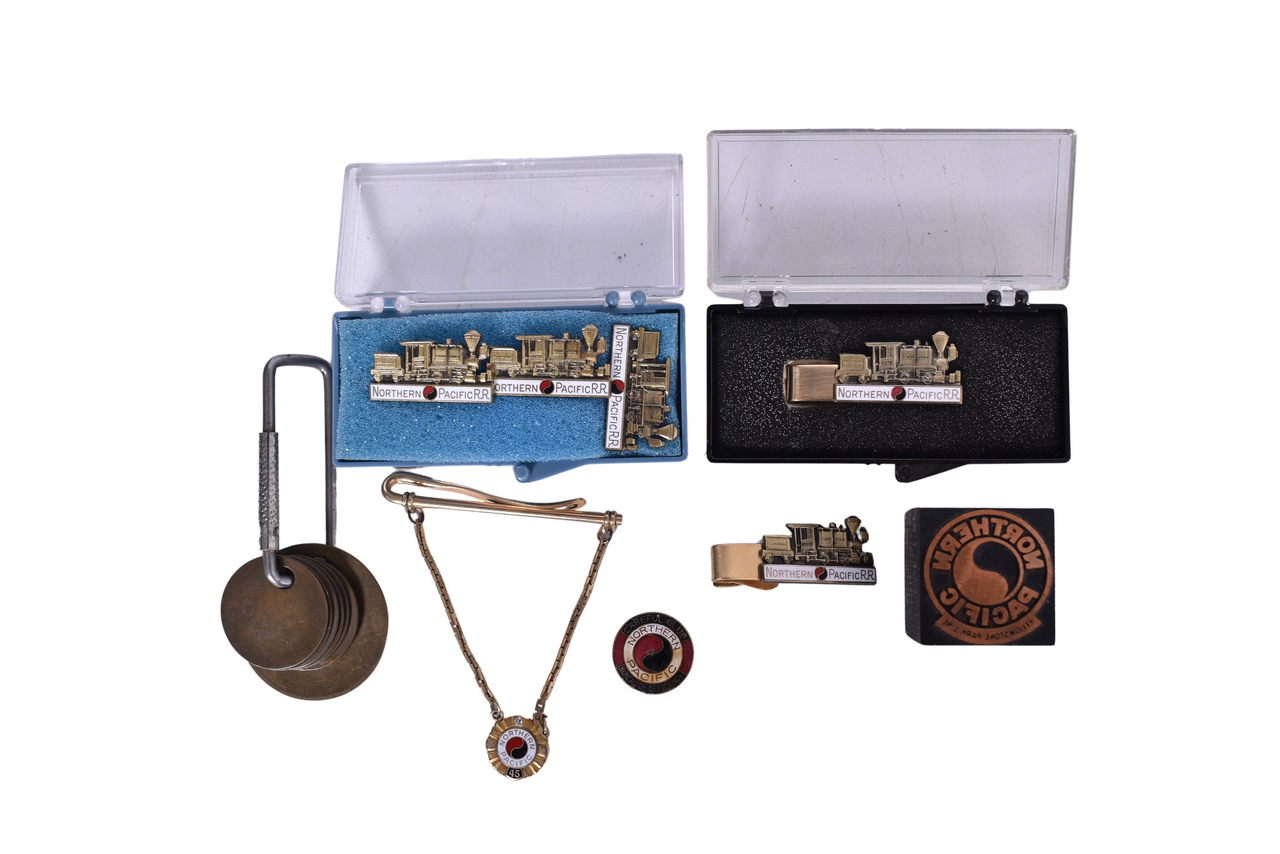 3430 - Northern Pacific Railway 45 Years of Service Tie Clip, Pins, Cuff Links, and Tool Check Tags thumbnail