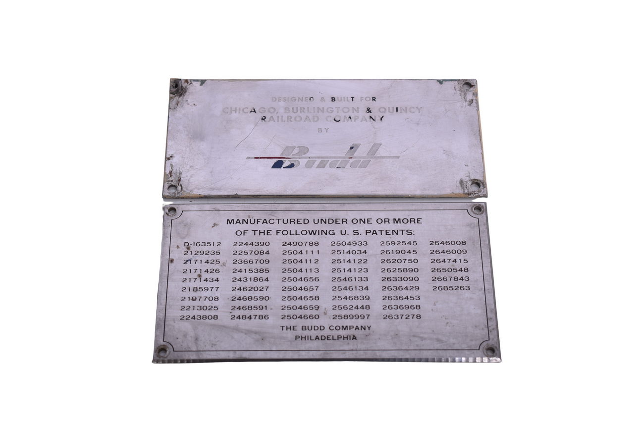 3431 - Pair of Stainless Steel Budd Passenger Car Builders Plates - Chicago Burlington & Quincy and Loch Lomond Patents thumbnail