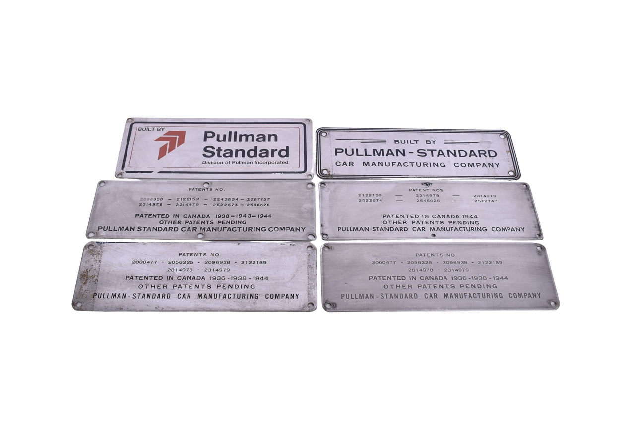 3435 - Six Stainless Steel Pullman Standard Railroad Passenger Car Builders Plates and Patent Plates thumbnail