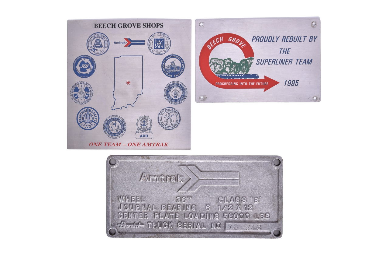 3439 - Amtrak Railroad Cast Aluminum Budd Truck Plate and Stainless Steel Amtrak Shops Signs thumbnail