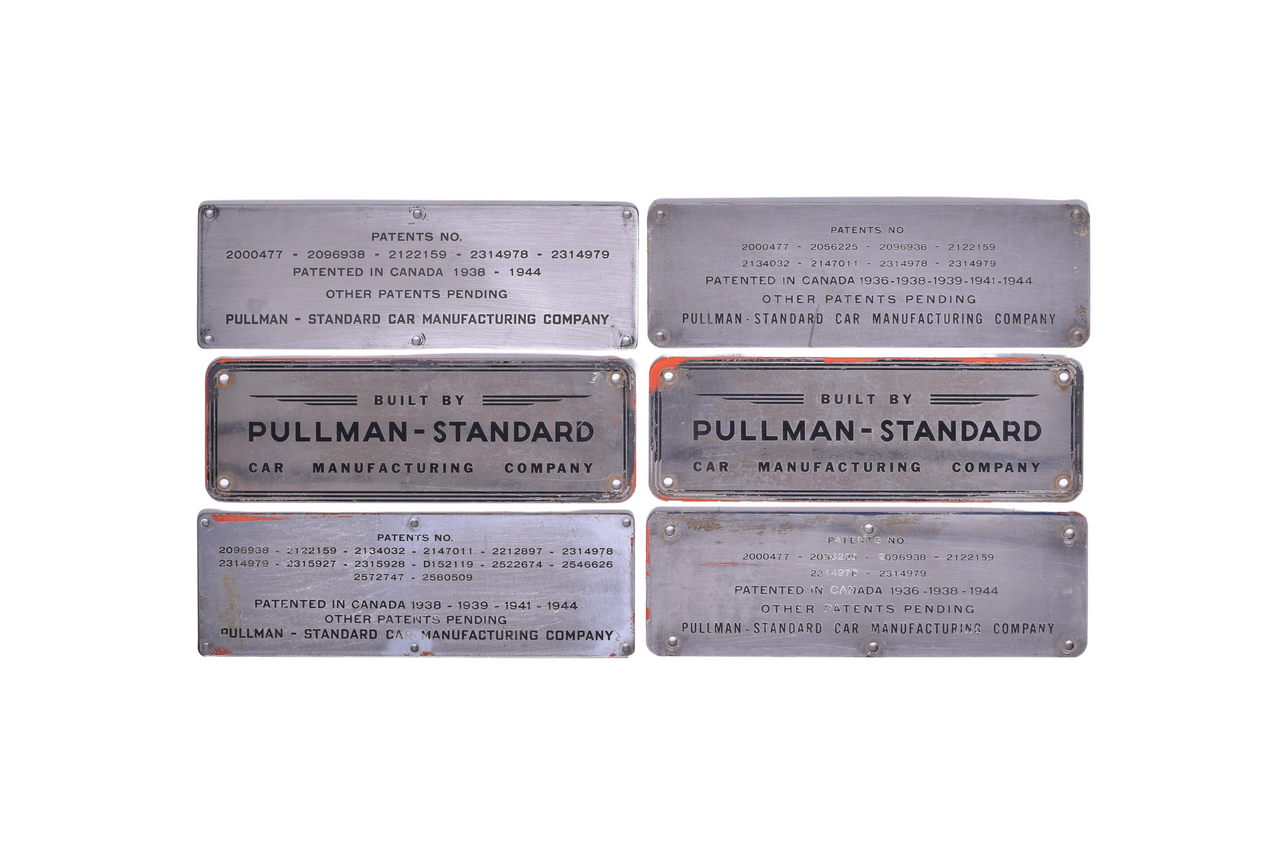 3447 - Six Stainless Steel Pullman Standard Railroad Passenger Car Builders Plates and Patent Plates thumbnail