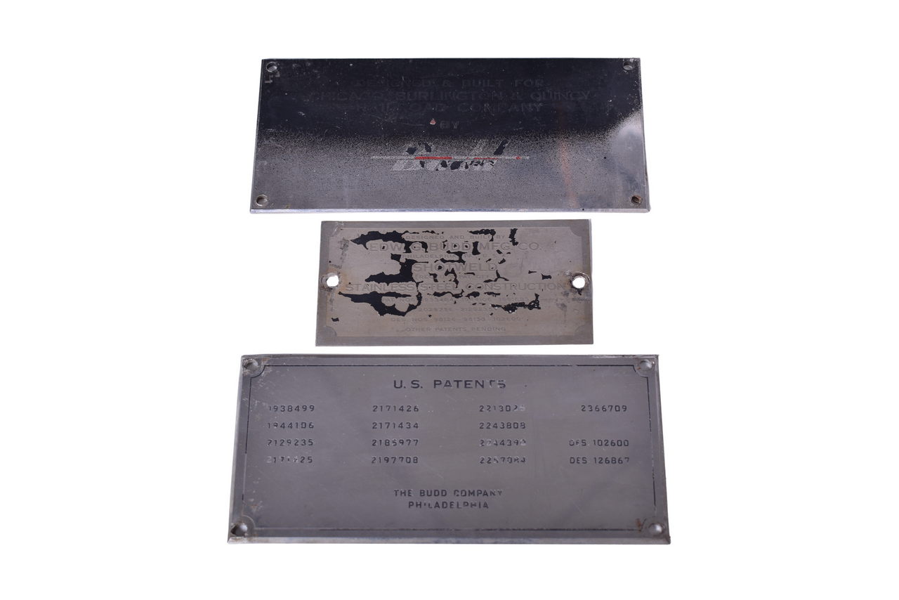 3449 - Three Stainless Steel Budd Passenger Car Builders and Patent Plates - Chicago Burlington & Quincy, Amtrak, and Union Pacific thumbnail