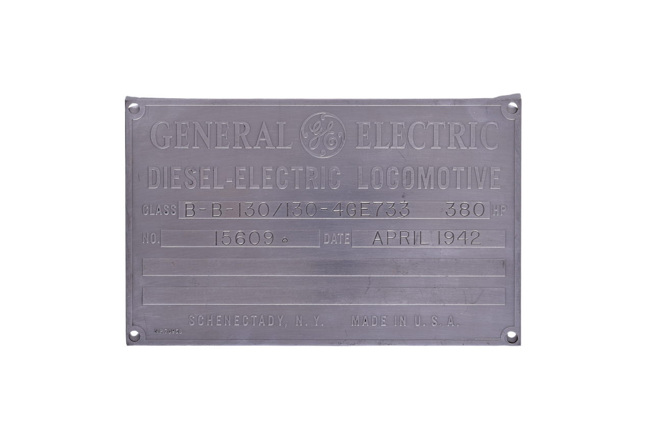 3455 - General Electric 65 Ton Diesel Switcher Builders Plate #15609 - April 1942 thumbnail