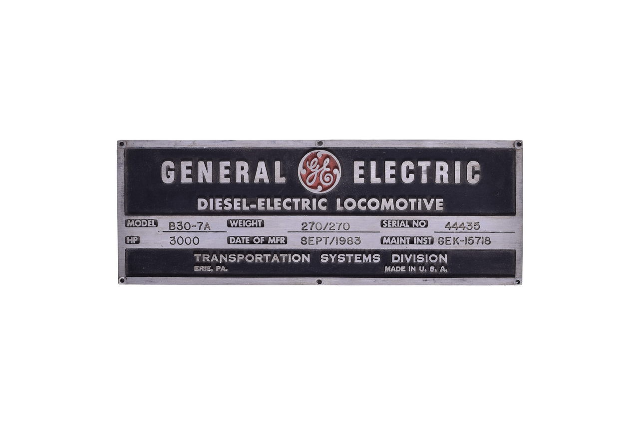 3459 - General Electric Burlington Northern Railroad B30-7A Diesel Locomotive Builders Plate thumbnail