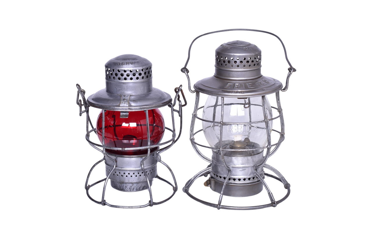 3481 - Pair of Erie Railroad Lanterns - C.T. Ham No. 39 Double Wire Guard Lantern w/ CNX Clear Cast Globe and Erie Lackawanna Adlake Kero thumbnail