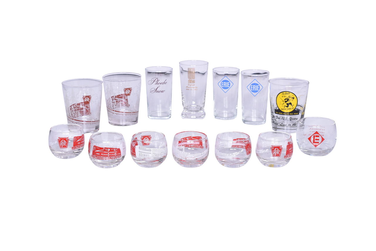 3543 - Fourteen Pieces of Northeastern Railroad Glassware - Pennsylvania, Erie Phoebe Snow, New York Central Anniversary, and Long Island thumbnail