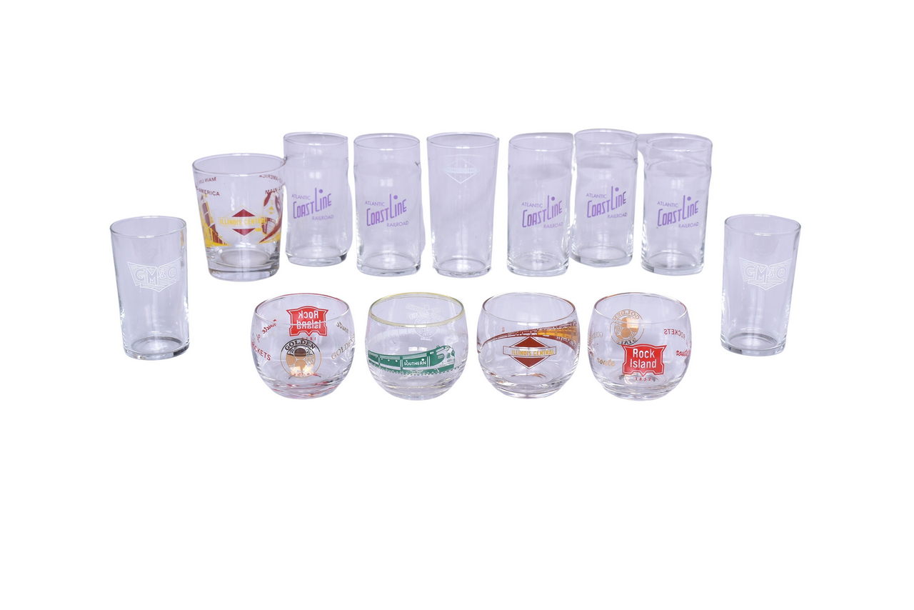 3547 - Thirteen Railroad Drinking Glasses - Atlantic Coast Line, Southern, Illinois Central, Gulf Mobile & Ohio, and Rock Island thumbnail