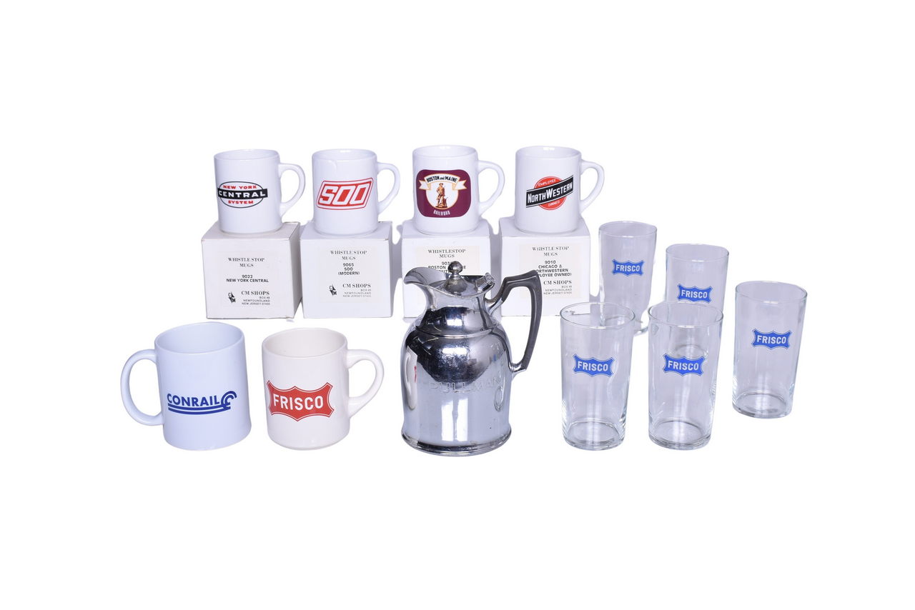 3549 - Group of Railroad Glassware, Pullman Silver Coffee Pot, and Mugs - Frisco, New York Central, Conrail, Boston & Maine, Soo Line, Chicago & North Western thumbnail