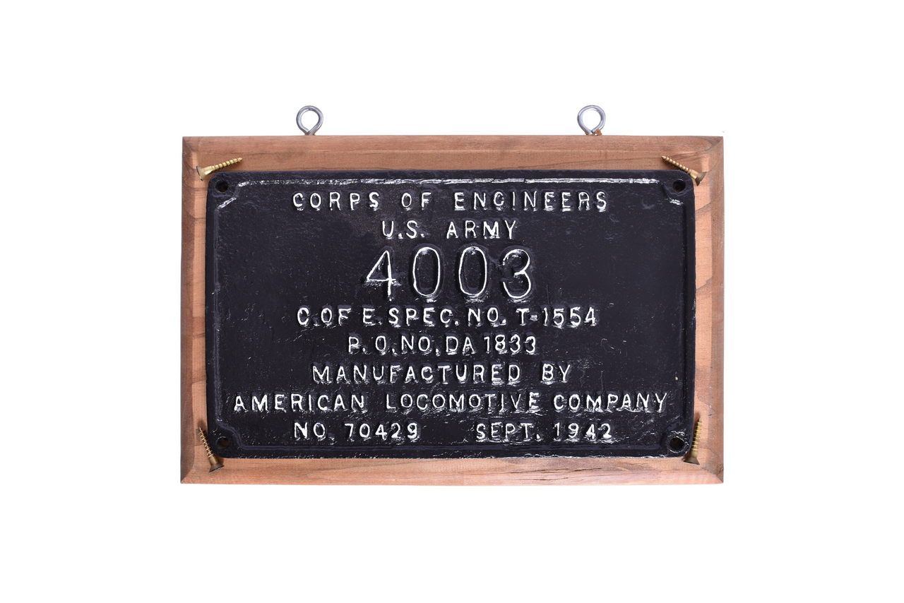 3580 - American Locomotive Co. US Army #4003 0-6-0 Builders Plate thumbnail