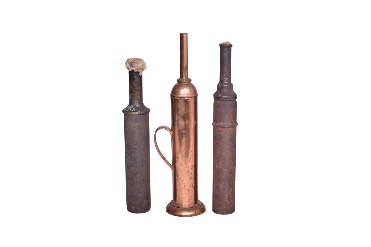 3585 - Pair of Unmarked Brass Railroad Locomotive Torches and Copper Reproduction Torch thumbnail