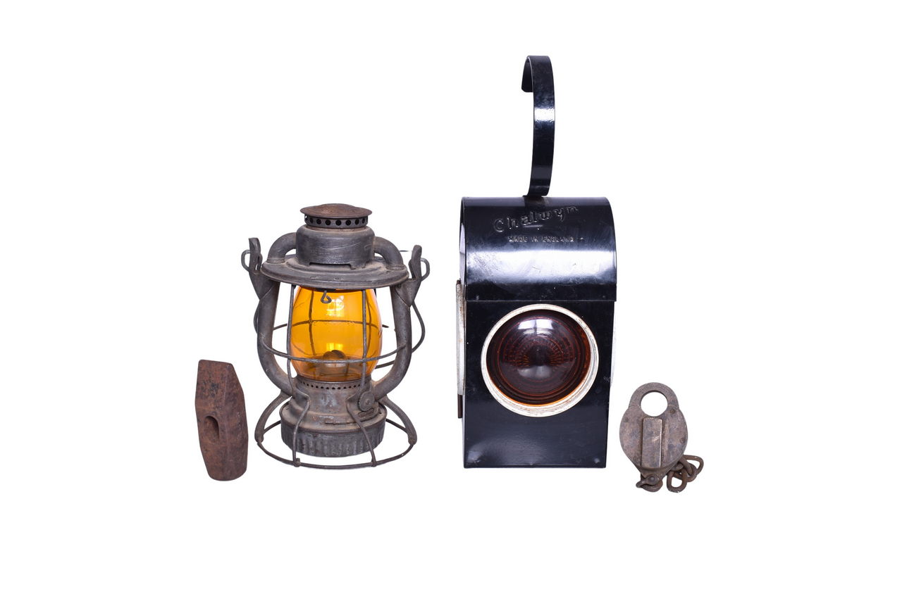 3593 - Four Railroad Items - Dietz Pittsburgh & Lake Erie Lantern, Santa Fe Hammer Head, Chalwyn Lantern, and Eagle Brass Heart Shaped Lock thumbnail