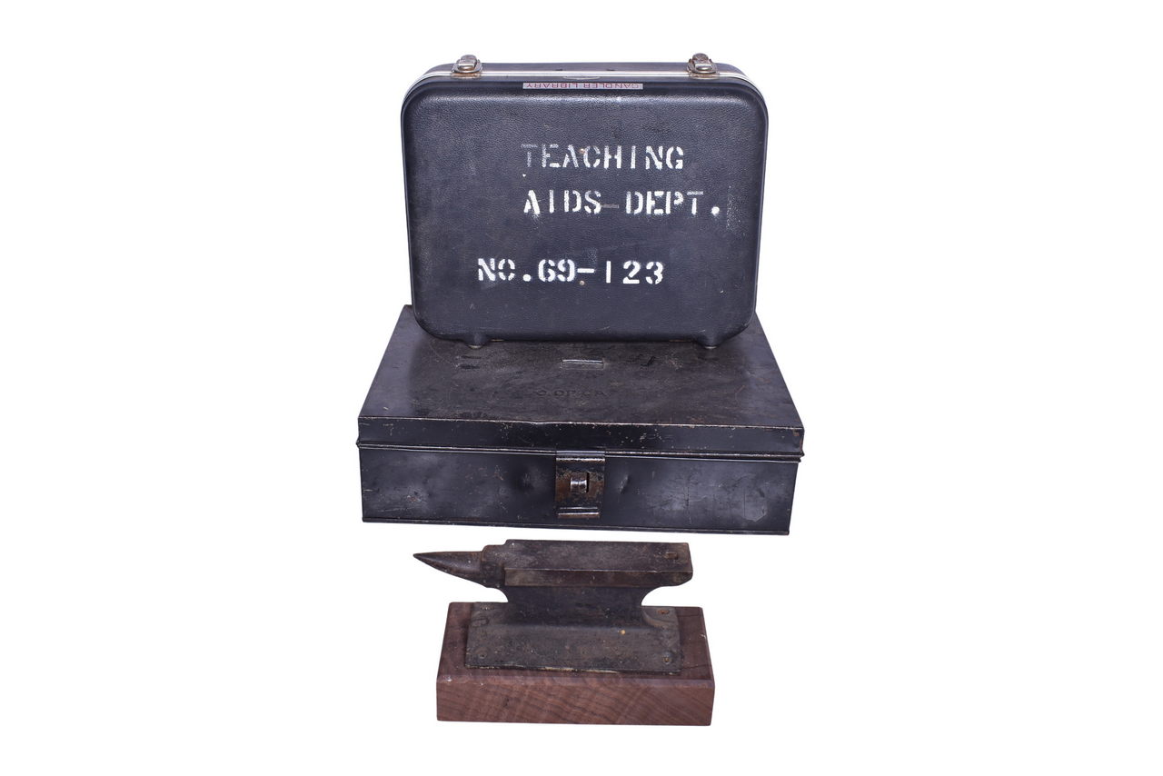 3595 - Central of Georgia Railroad Metal Box Chest, Cast Iron Track Anvil Ornament, and Candler Library Teaching Aid Case thumbnail