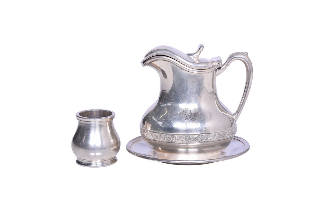 3617 - Wabash Railroad Silver Toothpick Holder and Syrup Pitcher w/ Attached Under Liner Tray thumbnail