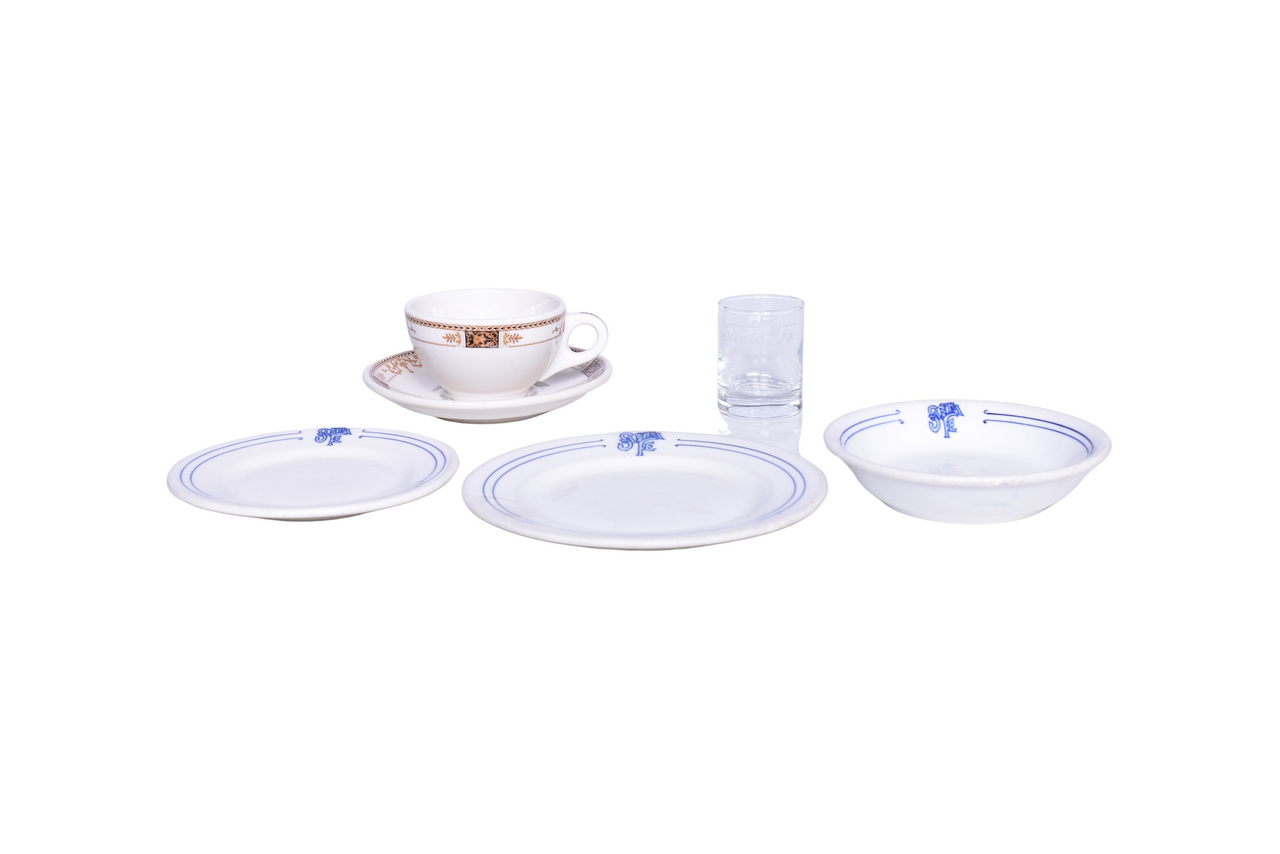 3621 - Six Pieces of Santa Fe Railroad Dining Car China and Glassware - Bleeding Blue Plates, Berry Bowl, and Fred Harvey Cup and Saucer thumbnail