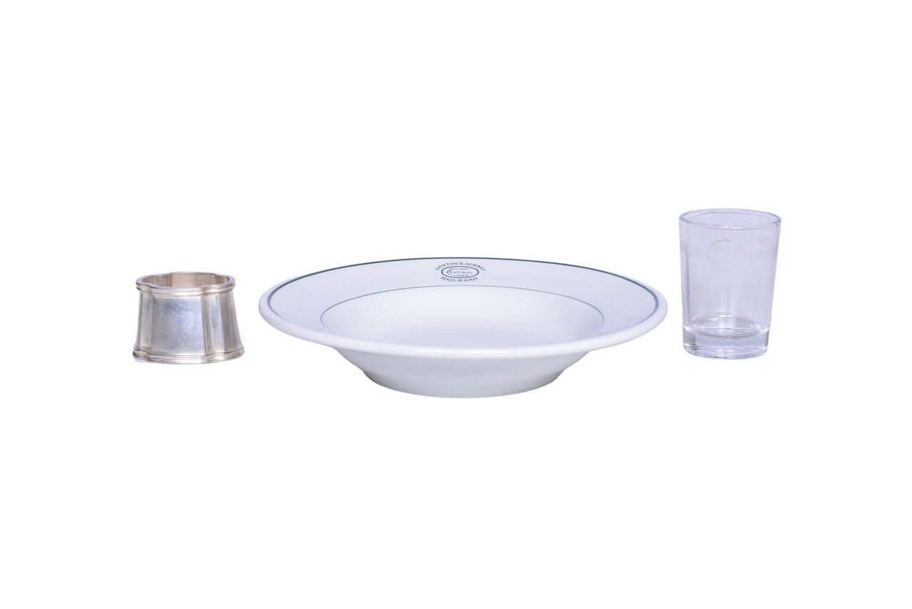 3637 - Three Northeast Railroad Dining Car Items - Boston & Albany China Pittsfield Bowl, Baltimore & Ohio Silver Toothpick Holder, and Juice Glass thumbnail