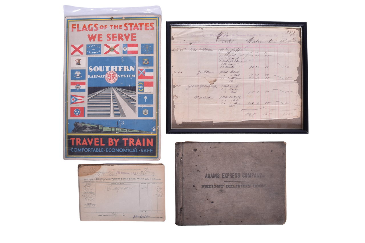 3649 - Mixed Group of Railroad Paper - Southern Railway Poster, Adams Express Freight Delivery Book, and CNO&TP 1888 Way Bill thumbnail