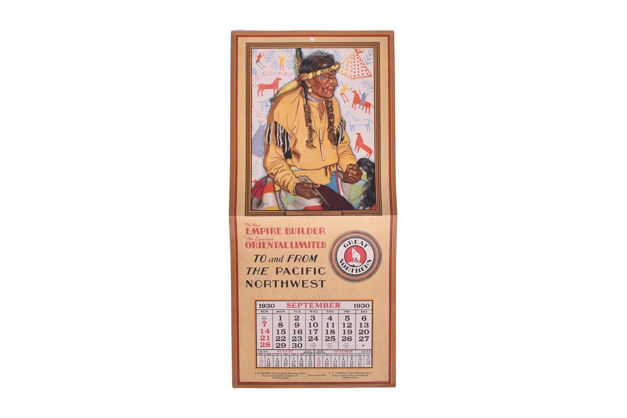 3661 - Great Northern Railroad 1930 Calendar - Winold Reiss Lazy Boy Medicine Man Glacier National Park thumbnail