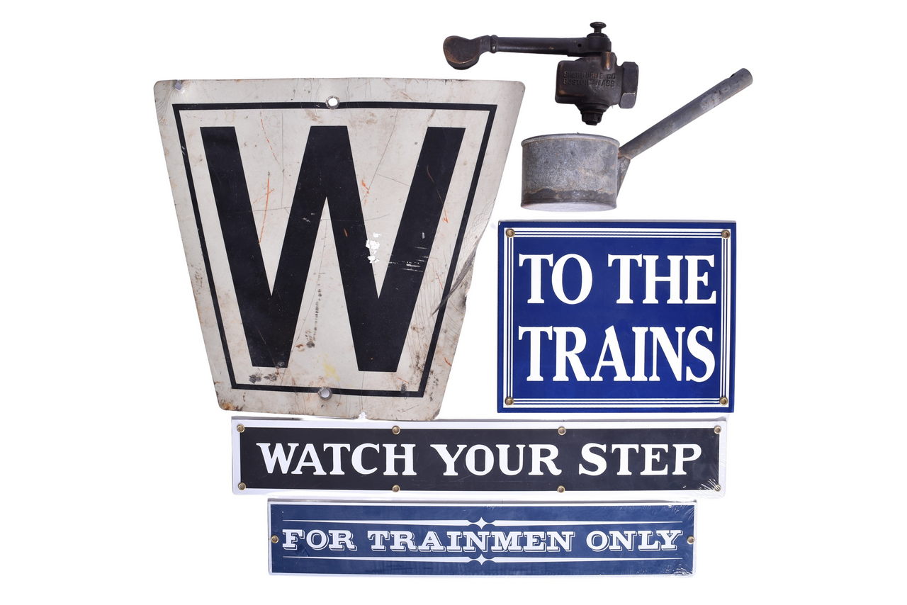 3662 - Aluminum Reflective Whistle Sign, Sherbourne Caboose Whistle, Porcelain Signs, and Ladle thumbnail