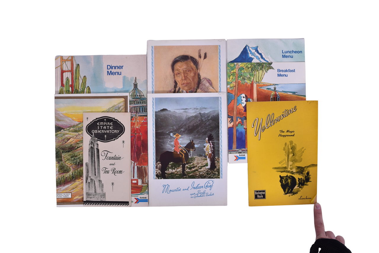3669 - Eight Railroad Menus - Canadian Pacific, Burlington Route Yellowstone, Amtrak, and Empire State Observatory thumbnail