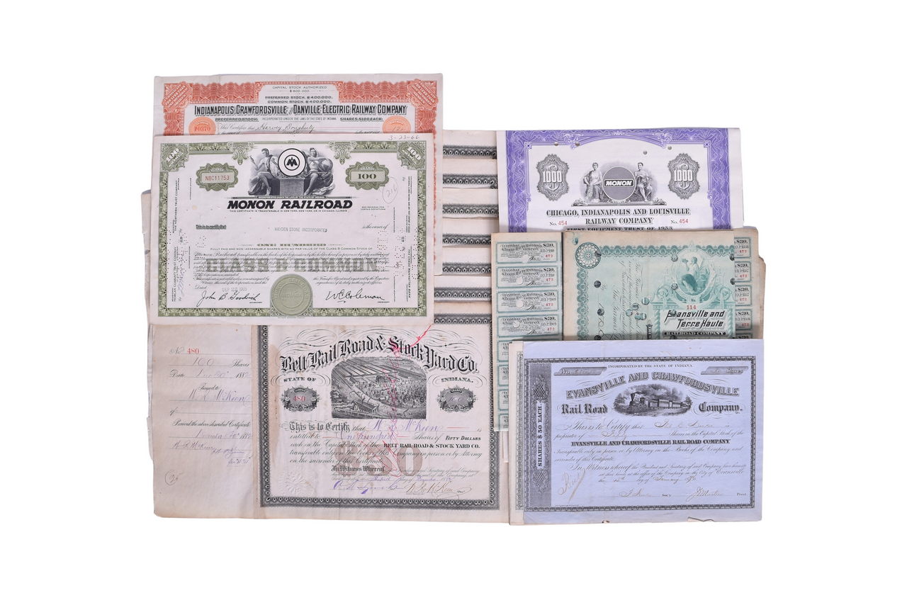 3683 - Twenty-One Indiana Railroad Stock Certificates and Bonds - Monon, Evansville & Terre Haute, Union Railroad Transfer & Stock Yard Co., and More thumbnail