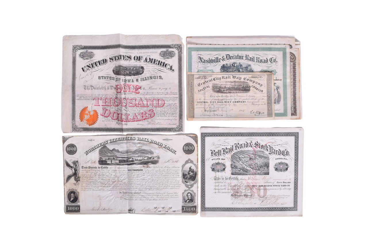 3701 - Twenty-Eight Railroad Late 1800s Stocks and Bonds Certificates with Train Vignettes thumbnail