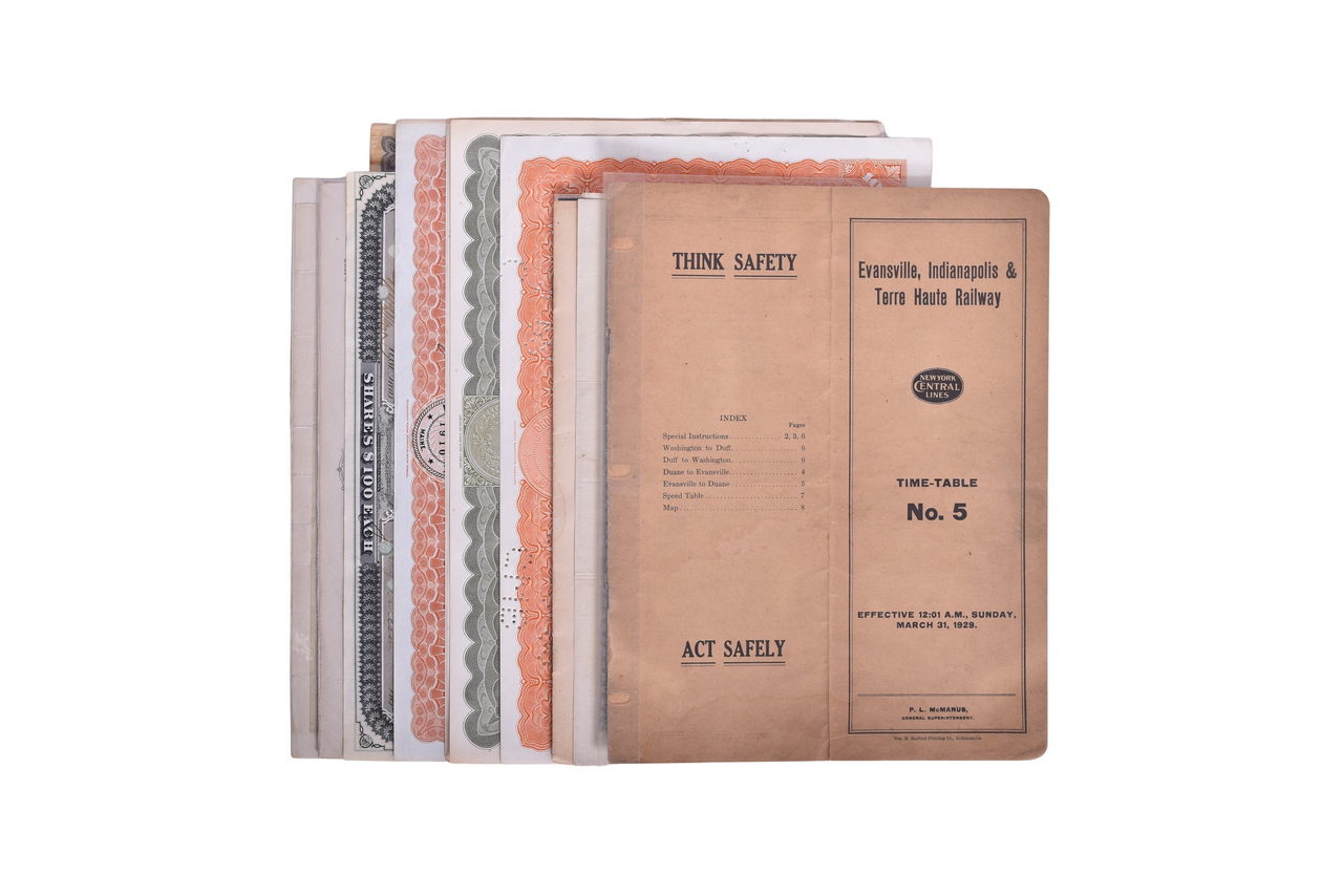 3743 - Thirteen Railroad Stocks and 1929 Evansville, Indianapolis & Terre Haute Timetable thumbnail