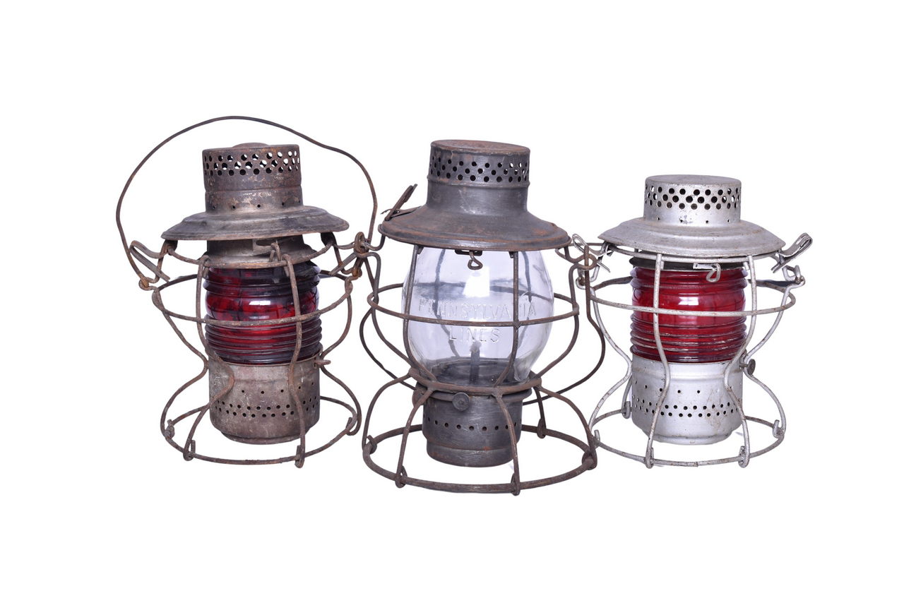 3277 - Three Handlan Pennsylvania Railroad Lanterns w/ Clear Cast Pennsylvania Lines Tall Globe and Red Fresnel Globes thumbnail