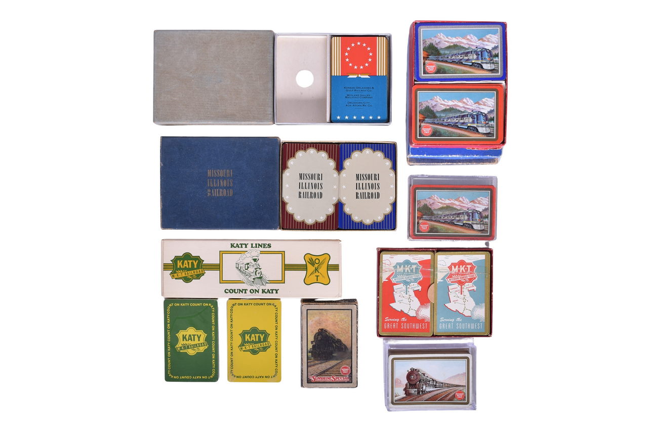 3289 - Sixteen Railroad Playing Card Decks - Kansas Oklahoma & Gulf, Missouri Illinois, Missouri Pacific, and Missouri, Kansas & Texas thumbnail