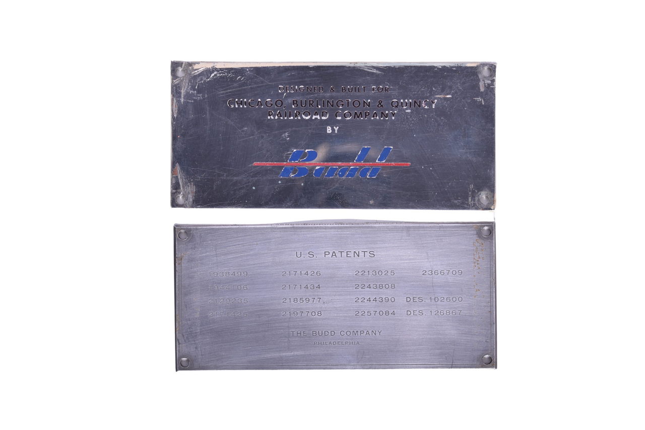 3328 - Pair of Chicago Burlington & Quincy Railroad Stainless Steel Budd Passenger Car Builders Plates thumbnail