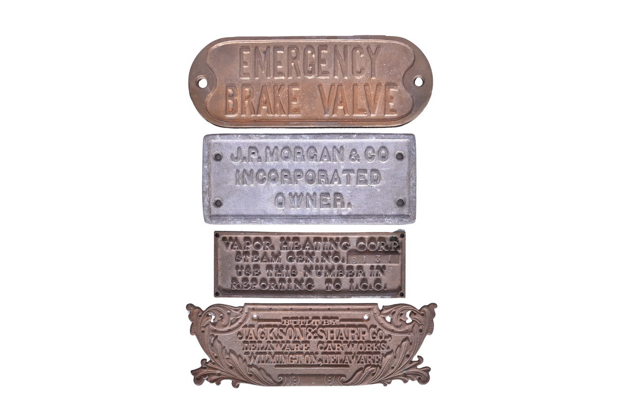 3330 - Four Cast Metal Railroad Builders Plate and Emergency Brake Valve - Vapor Heating, JP Morgan, and Jackson & Sharp Co. thumbnail