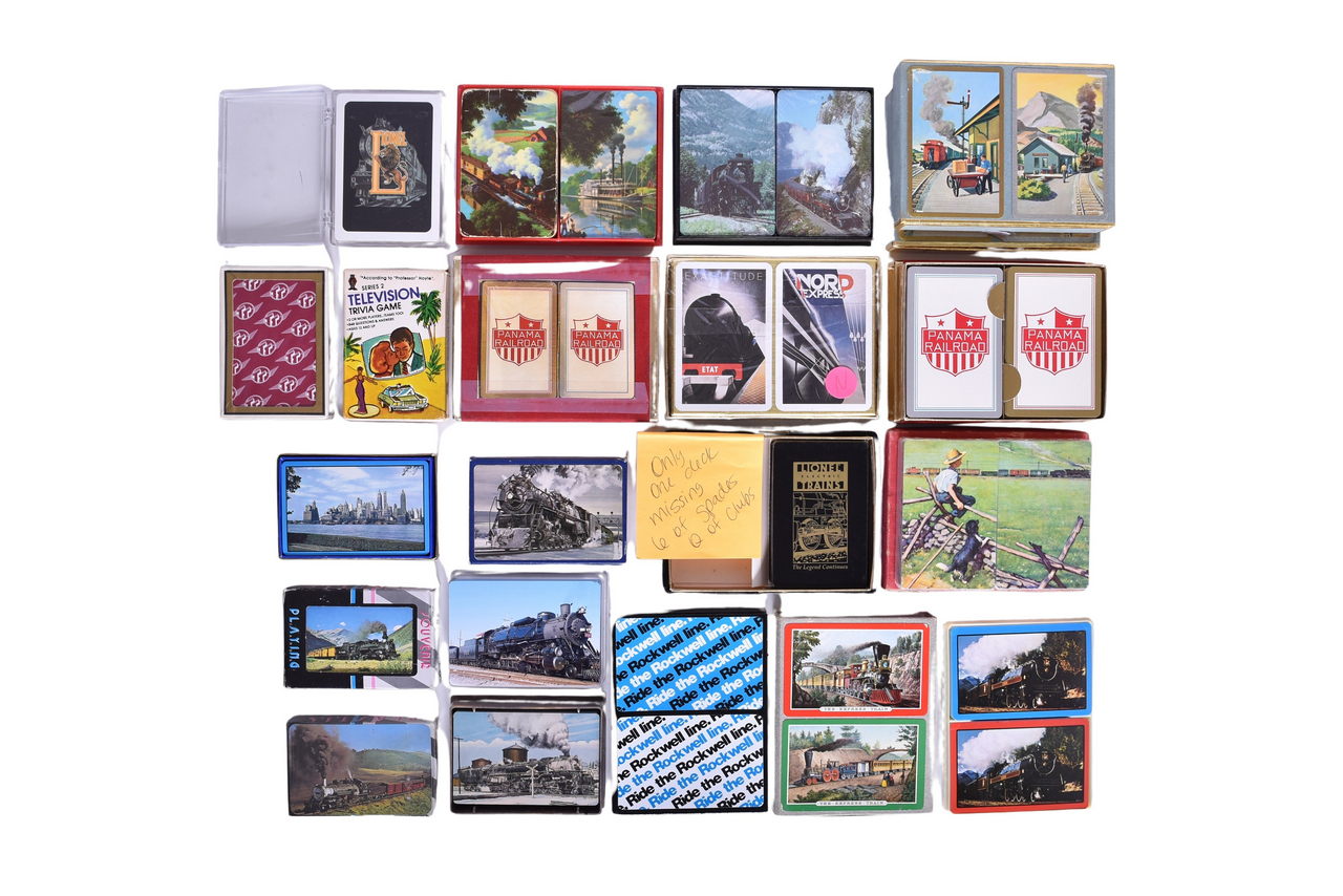 3333 - Thirty-Two Assorted Train and Locomotive Railroad Playing Card Decks - Panama, Lionel, Express Train, and Others thumbnail