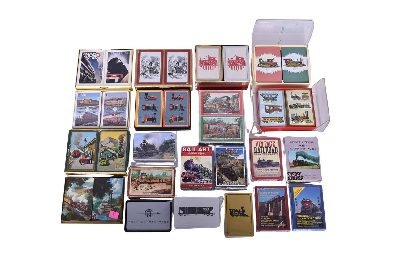 3337 - Thirty-Two Assorted Train and Locomotive Railroad Playing Card Decks - Knott's Berry Farm, Panama, 1885, CSX, and More thumbnail