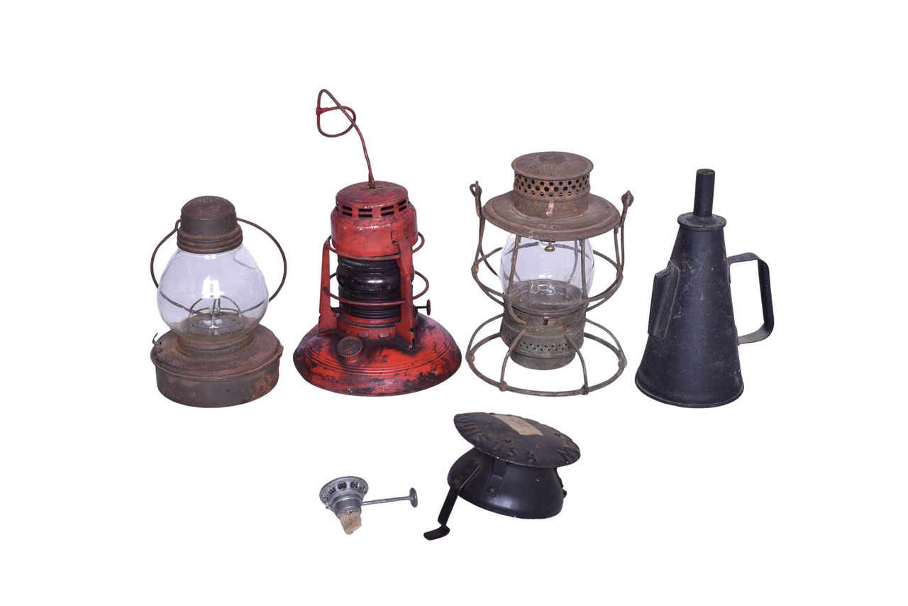 3349 - Group of Railroad Items - Adlake Reliable Lantern, New York Central Lines Hand Torch, Dietz No. 40, Supreme Embury Lantern, Etc. thumbnail