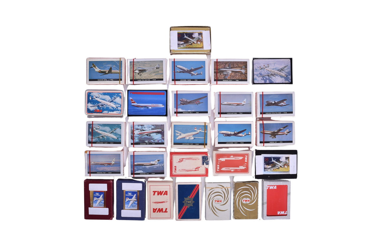 4007 - Twenty-Eight TWA Trans World Airlines Playing Card Decks Advertising Lindbergh, Stratoliners, Boeing, Lockheed, and More thumbnail