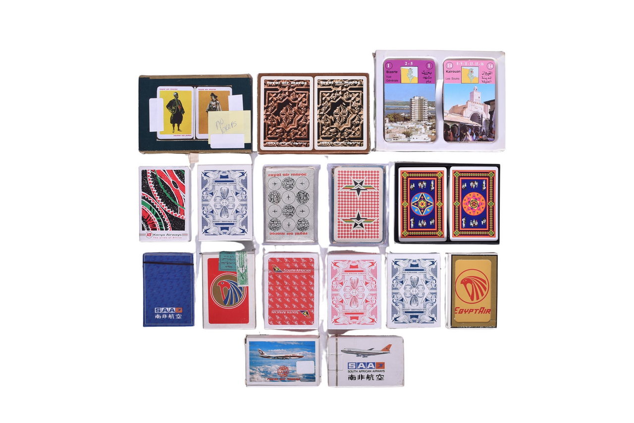 4021 - Twenty African Airline Playing Card Decks Advertising Ethiopian, Kenya, Tunisair, Ghana, Egypt Air, Royal Air Maroc, and South African thumbnail