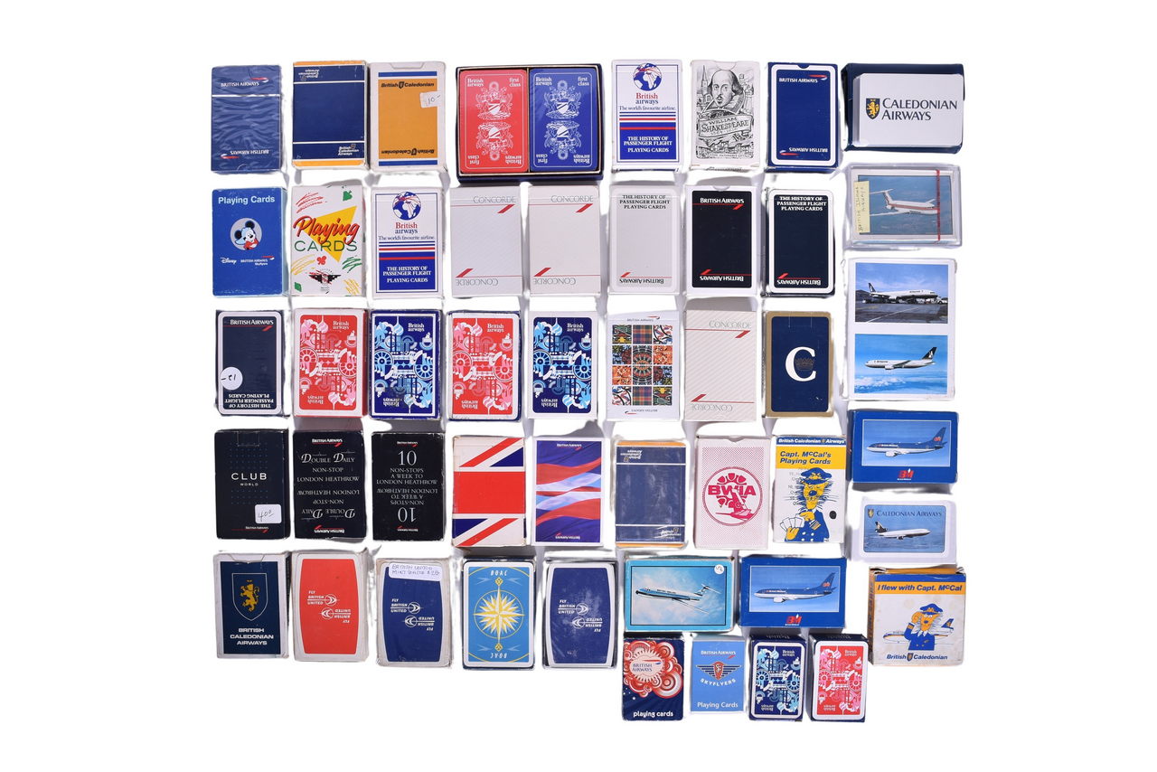 4047 - Fifty Playing Card Decks Advertising United Kingdom Airlines - British Airways, Caledonian, Midland, United, Overseas thumbnail