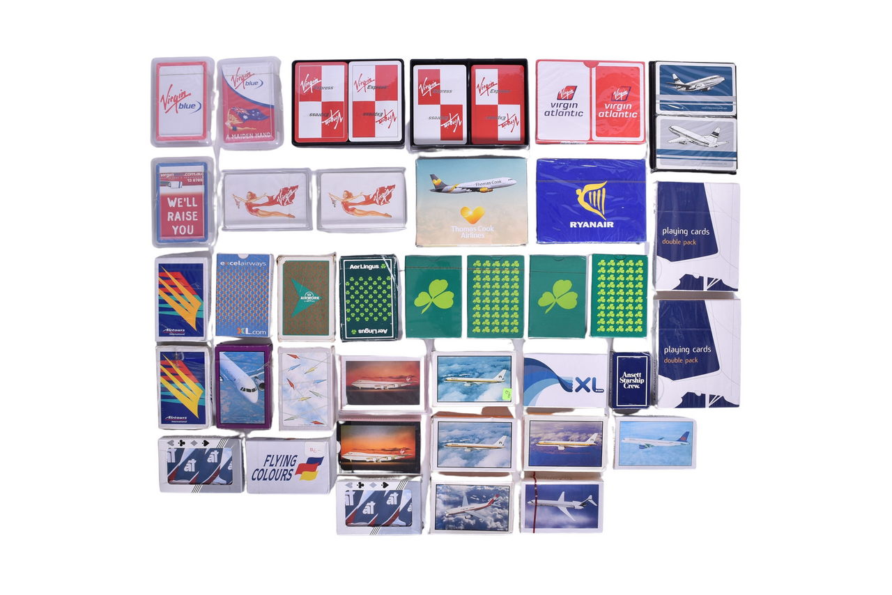4049 - Forty-Five European Airline Playing Card Decks - Virgin, Monarch, Airtours, Aer Lingus, Ryanair, Ansett Starship Crew, Etc. thumbnail