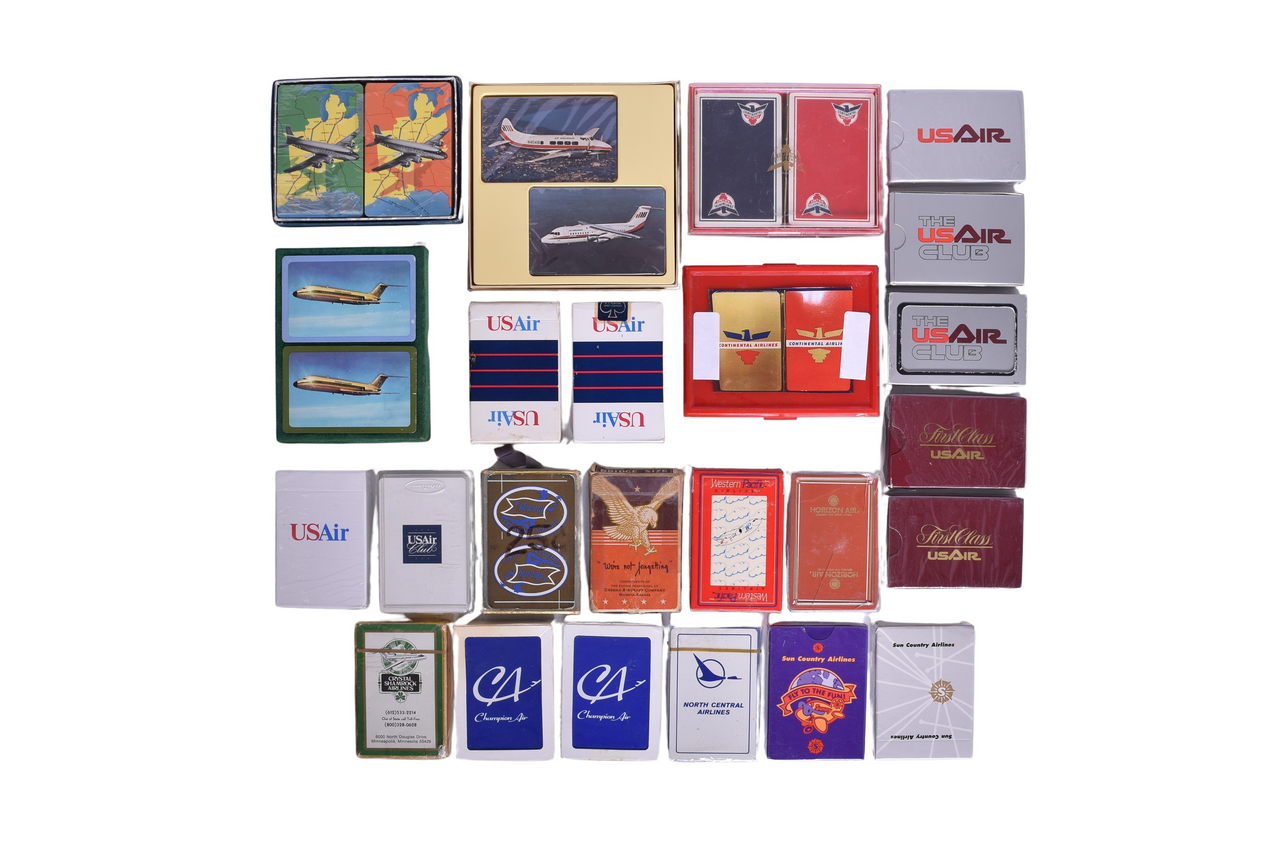 4051 - Twenty-Nine Airline Playing Card Decks - Continental Airlines, Chicago & Southern, American, US Air, Forbes Magazine, and More thumbnail