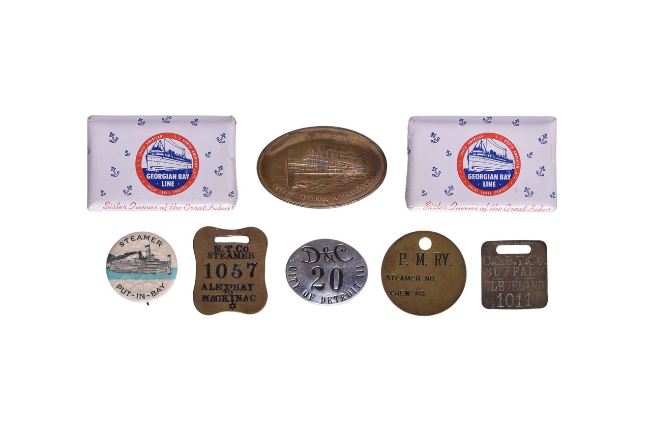 4052 - Group of Great Lakes Steamship Items - D&C Uniform Badge, Pocket Mirror, Pere Marquette Brass Tag, Luggage Tags, and More thumbnail