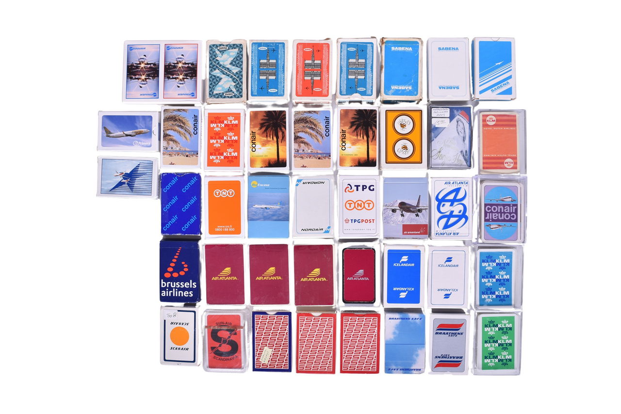 4061 - Forty-Three Airline Playing Card Decks Advertising Sabena, FinnAir, NordAir, Sterling Airways, Conair, ScanAir, KLM, and More thumbnail