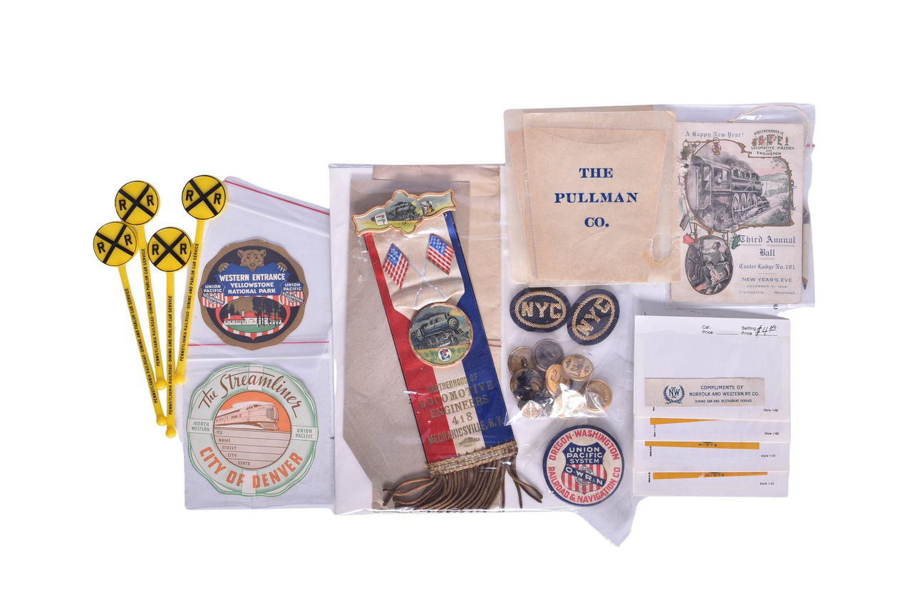 4062 - Collection of Railroad Smalls - WB&S Brass Coat Tag, Uniform Buttons, Brotherhood Badge, and More thumbnail