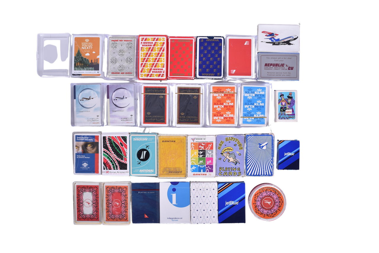 4077 - Thirty Airline Playing Card Decks - Qantas, Iberia, Kenya Airways, KLM, Royal Jordanian, Reeve Aleutian, and More thumbnail